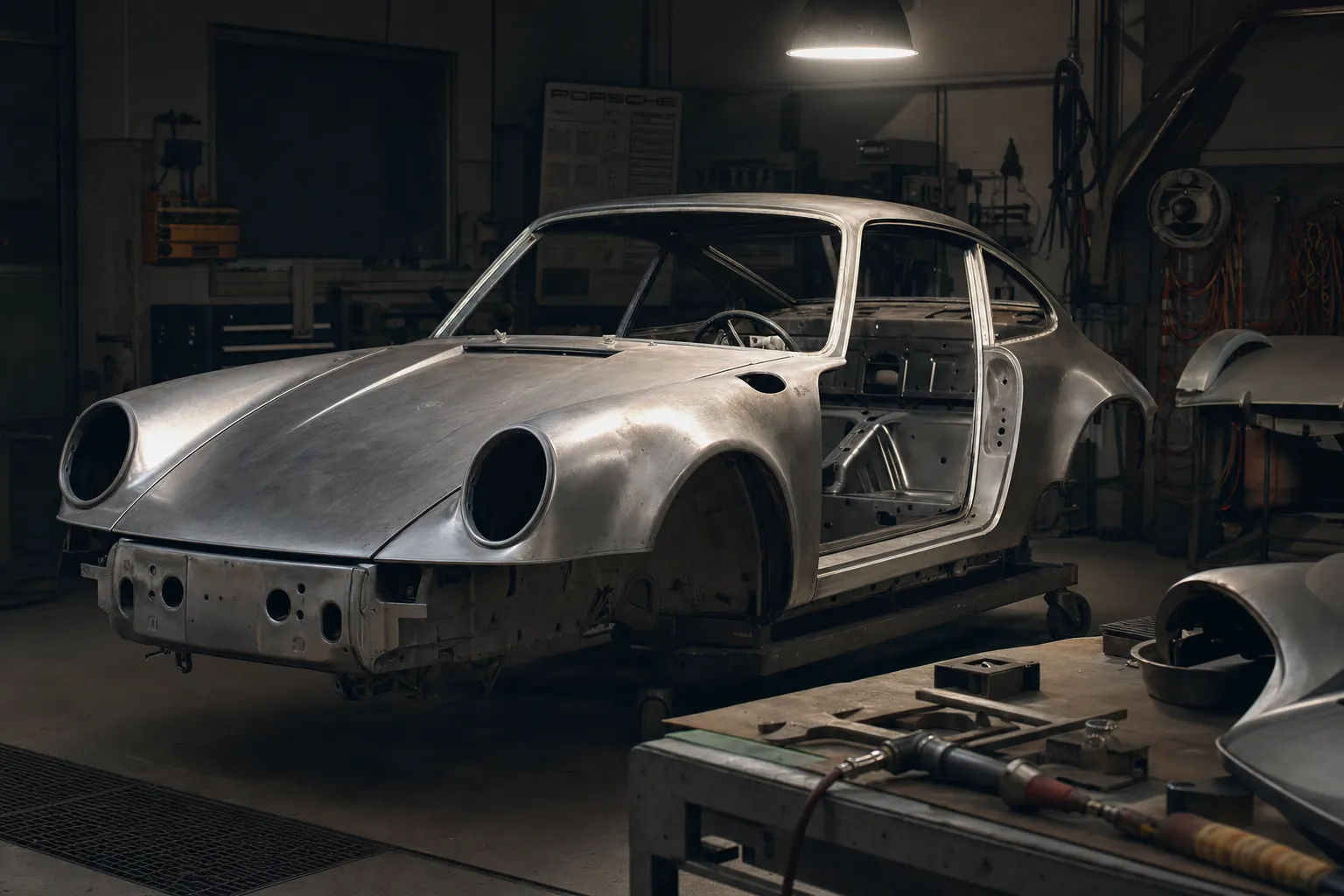Porsche 911 shell in bare metal restoration