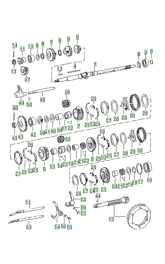 Porsche 356, schema ricambi: Gears and shaftsfortransmission 001