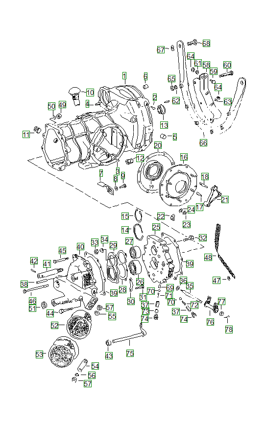 Porsche 356, schema ricambi: Transmission casewithtransmission suspensionfortunnel transmission