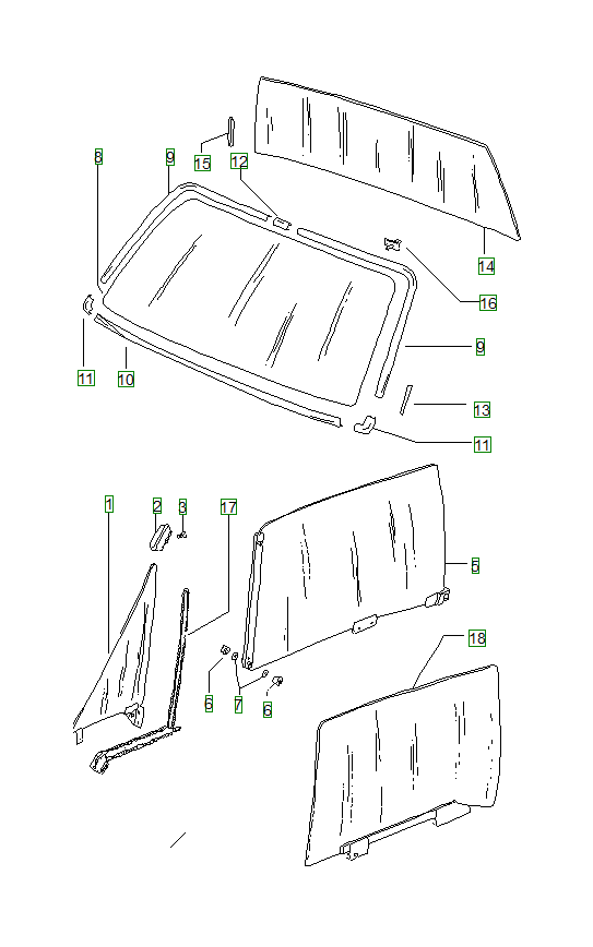 Porsche 914, schema ricambi: Glasses