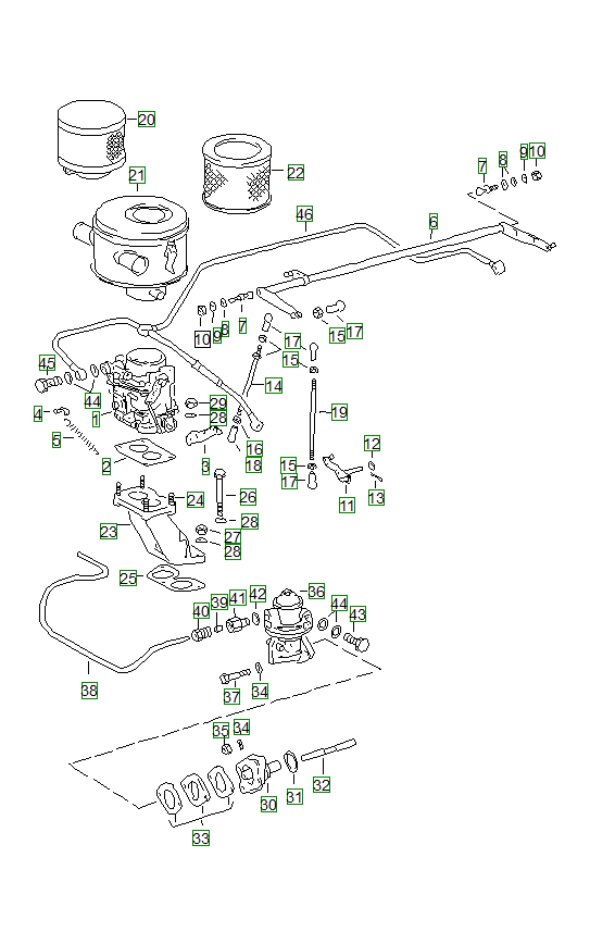 Porsche 356, schema ricambi: Carburetorpallas zenit 32ndixandfuel intake line