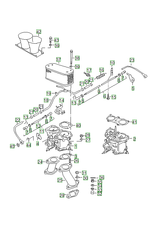 Porsche 356, schema ricambi: Carburetorsolex 40 p iisolex 40 p ii 4andfuel intake line