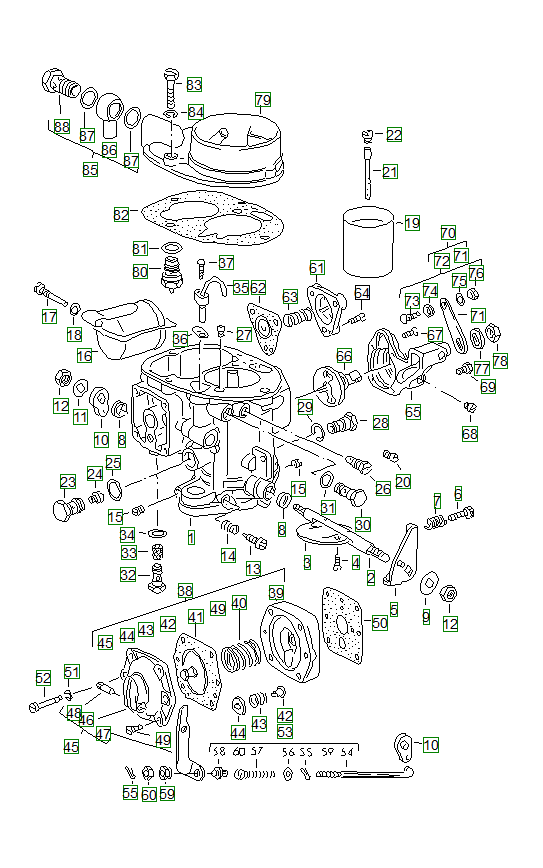 Porsche 356, schema ricambi: Single partsforcarburetorsolex 40 picb