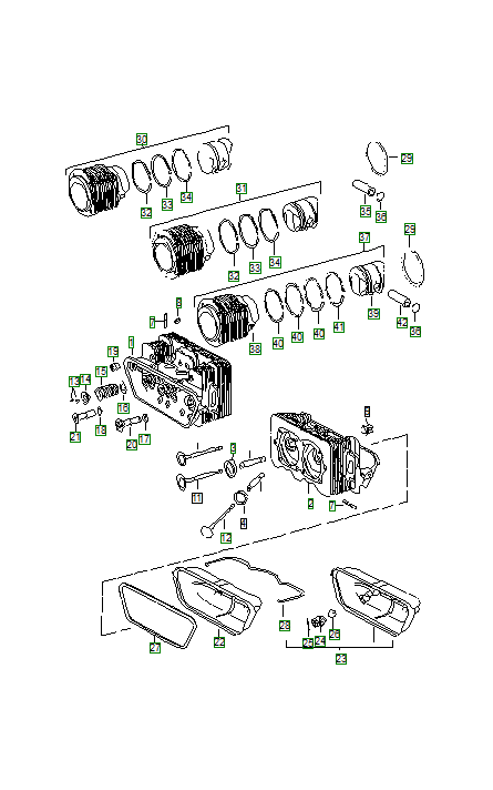 Porsche 356, schema ricambi: Cylinder head with pistons 001