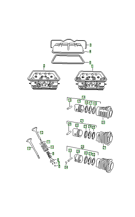 Porsche 356, schema ricambi: Cylinder head with pistons