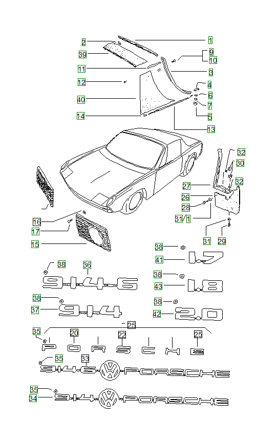 Porsche 914, schema ricambi: Decorative fittings