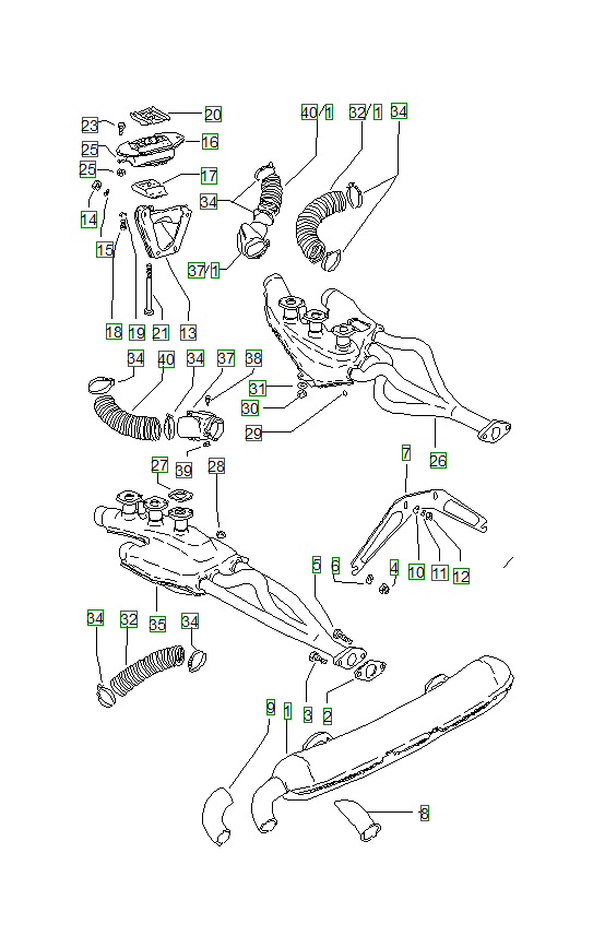 Porsche 914, schema ricambi: Exhaust systemheating air supplyengine suspension