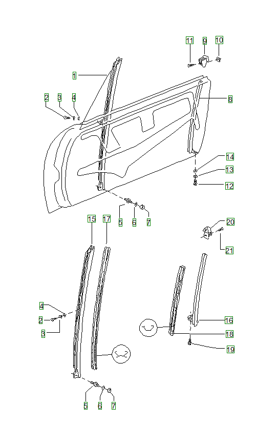 Porsche 914, schema ricambi: Door glass frame