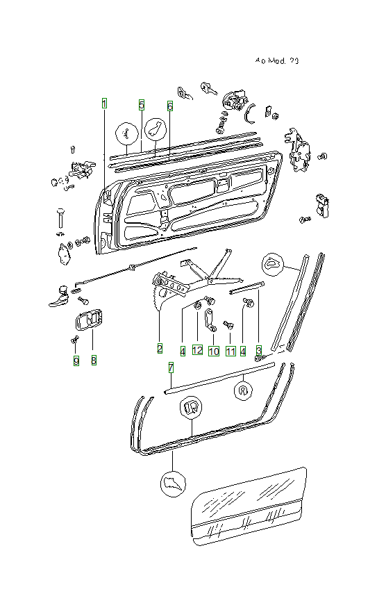 Porsche 914, schema ricambi: Doorwith installation parts 73