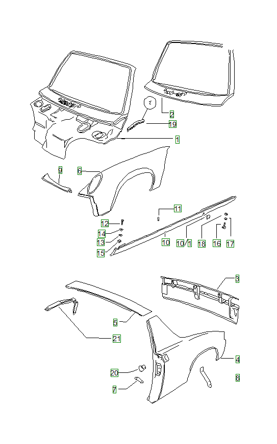 Porsche 914, schema ricambi: Exterior panelling