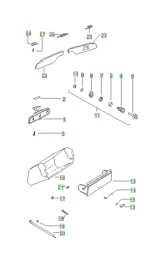 Porsche 914, schema ricambi: Interior rear view mirrorglove compartmentsun visor
