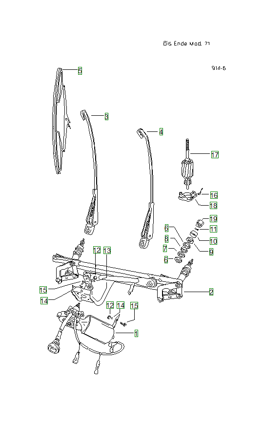 Porsche 914, schema ricambi: Windshield wiper system 71