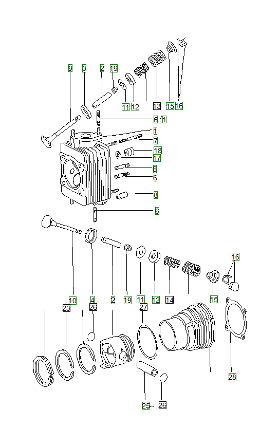 Porsche 914, schema ricambi: Cylinder headcylinder with pistons