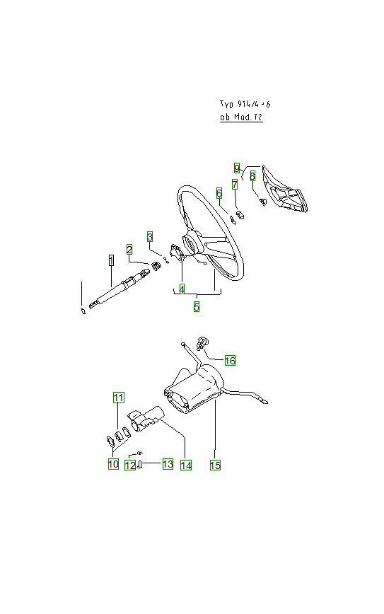 Porsche 914, schema ricambi: Steering shaftsteering wheelsteering column switch