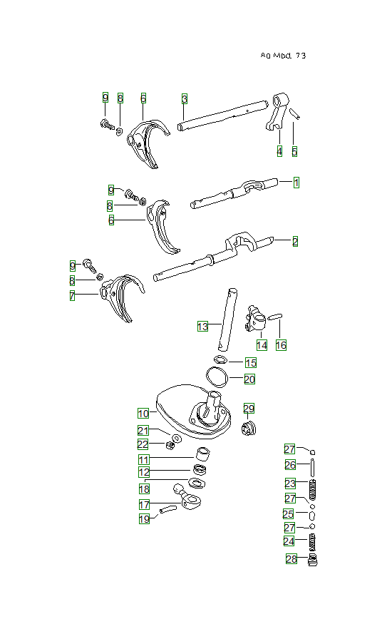 Porsche 914, schema ricambi: Shift rodsforksfor 5 speedtransmission 73